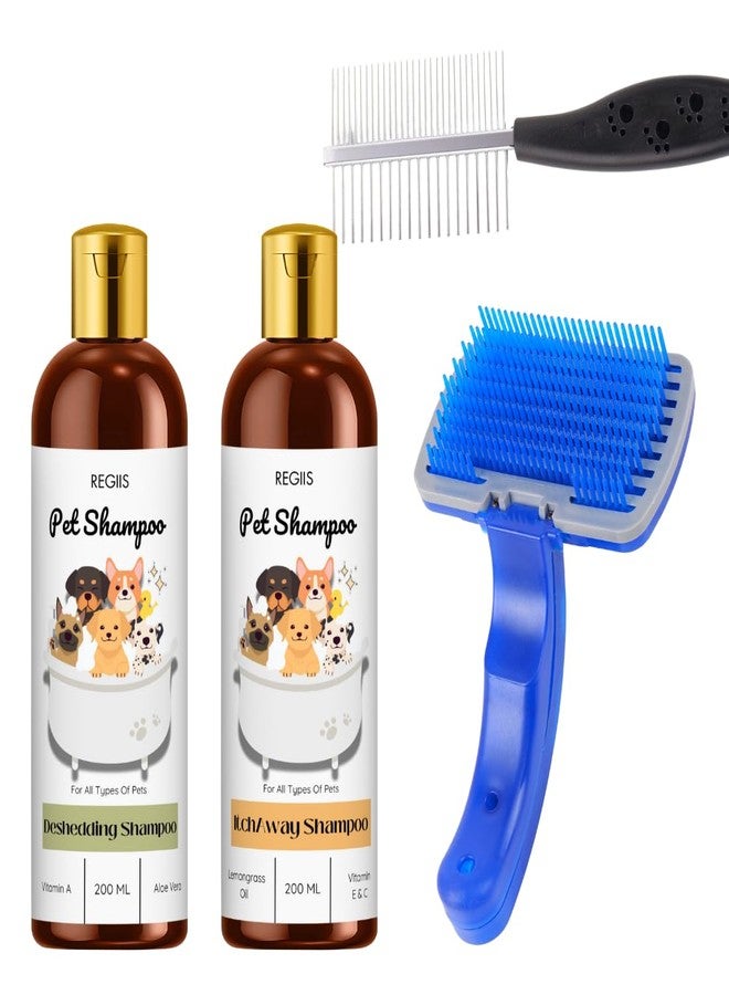 مجموعة العناية بالحيوانات الأليفة مع شامبو لإزالة الشعر الزائد والحكة، سعة كل منها 200 مل، مشط معدني احترافي، فرشاة تنظيف ذاتي للكلاب والقطط (عبوة من 4 قطع) - Image 1